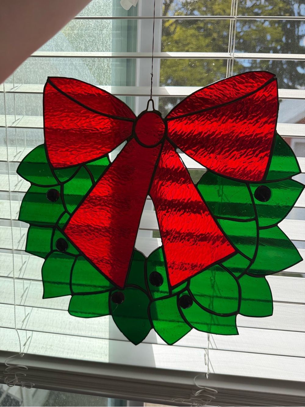Vintage Stained Glass Christmas Holly Wreath Window Suncatcher